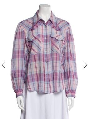 Isabel Marant Etoile Shirt Pink Purple Plaid Cotton Pearl Snap Puff Sleeve
